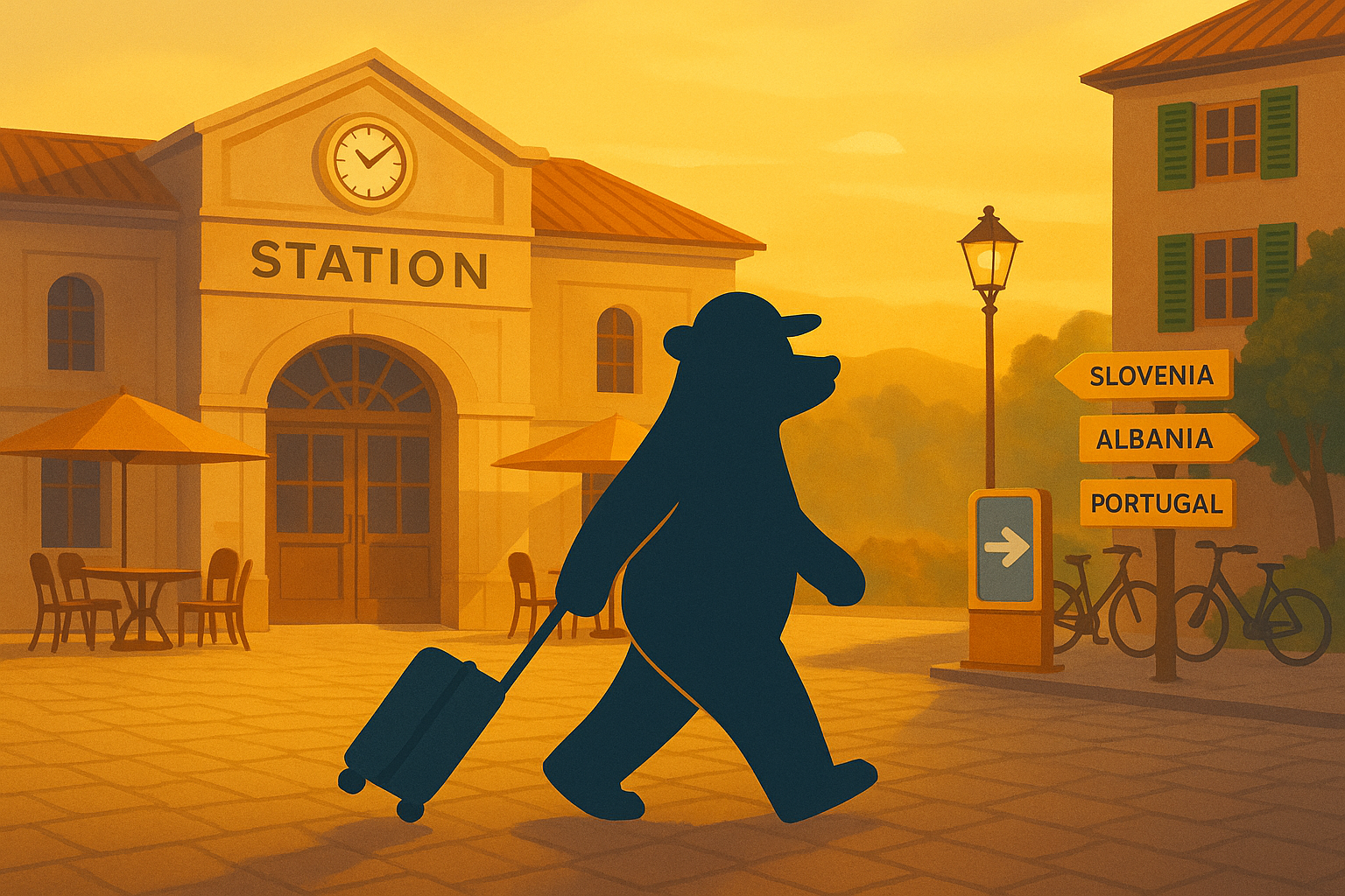 Illustration of a cartoon bear with suitcase at a European train station, representing travel trends in 2025.